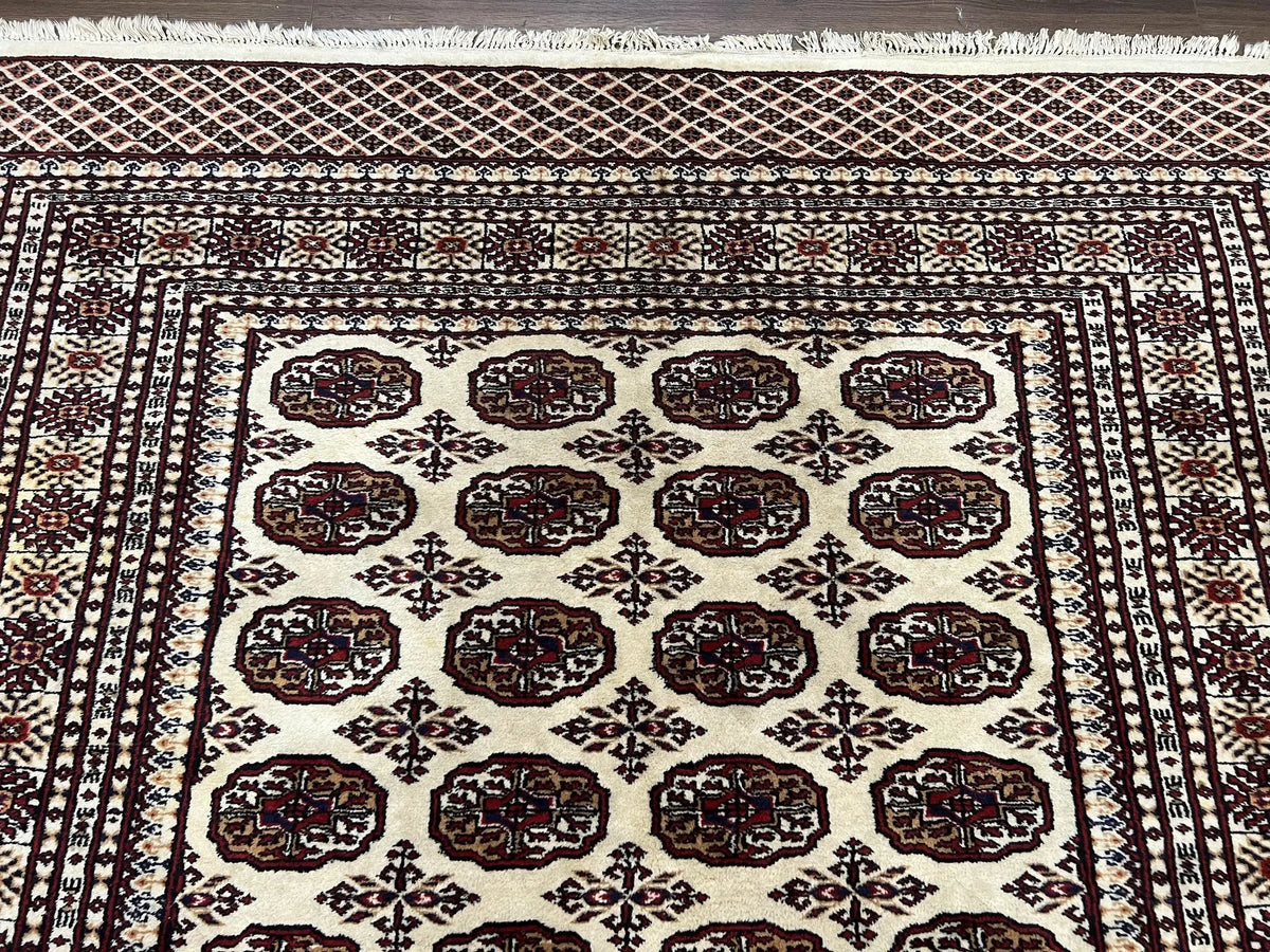 Pakistani Turkoman Rug 6x9, Cream and Red Hand Knotted Wool Oriental Carpet, Yamud Rug, Tribal Rug 6 x 9, Bohemian Area Rug, Bokhara Rug by Jewel Rugs