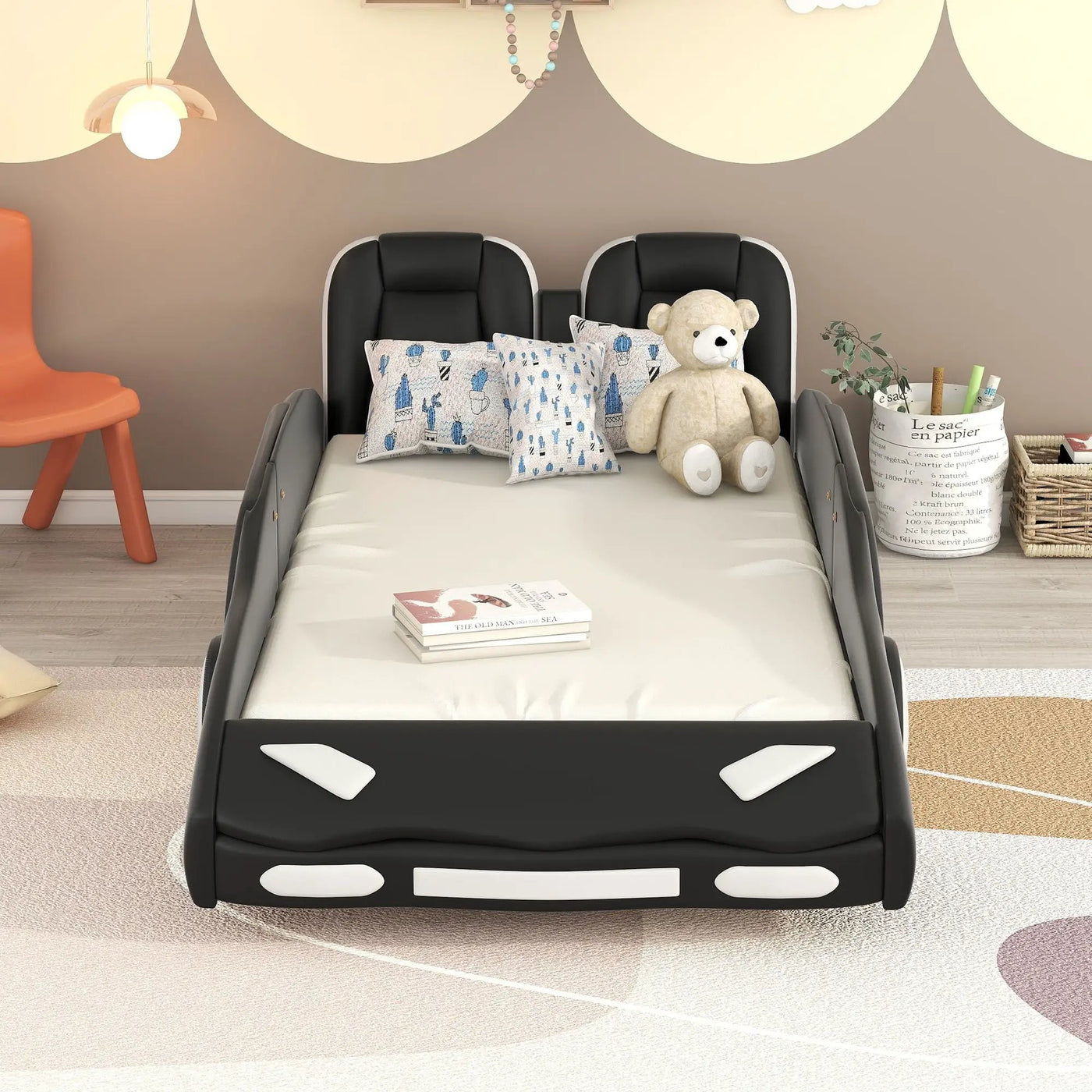 Race Car Shaped Twin Platform Bed With Wheels, Pine Wood Construction by HouseOfZazla