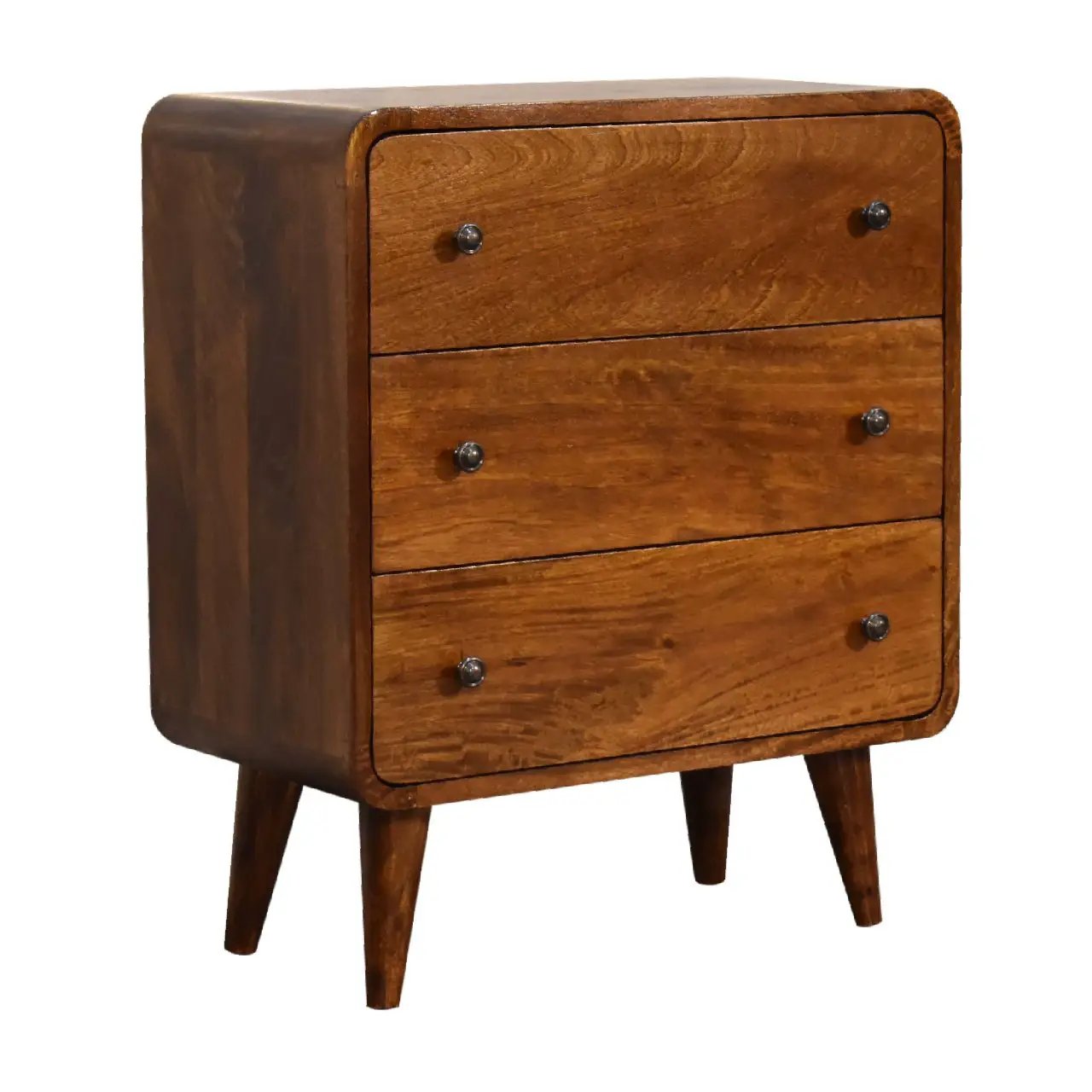 Solid Wood Mini Curved Chestnut Chest, 3-Drawer, Nordic Legs by HouseOfZazla