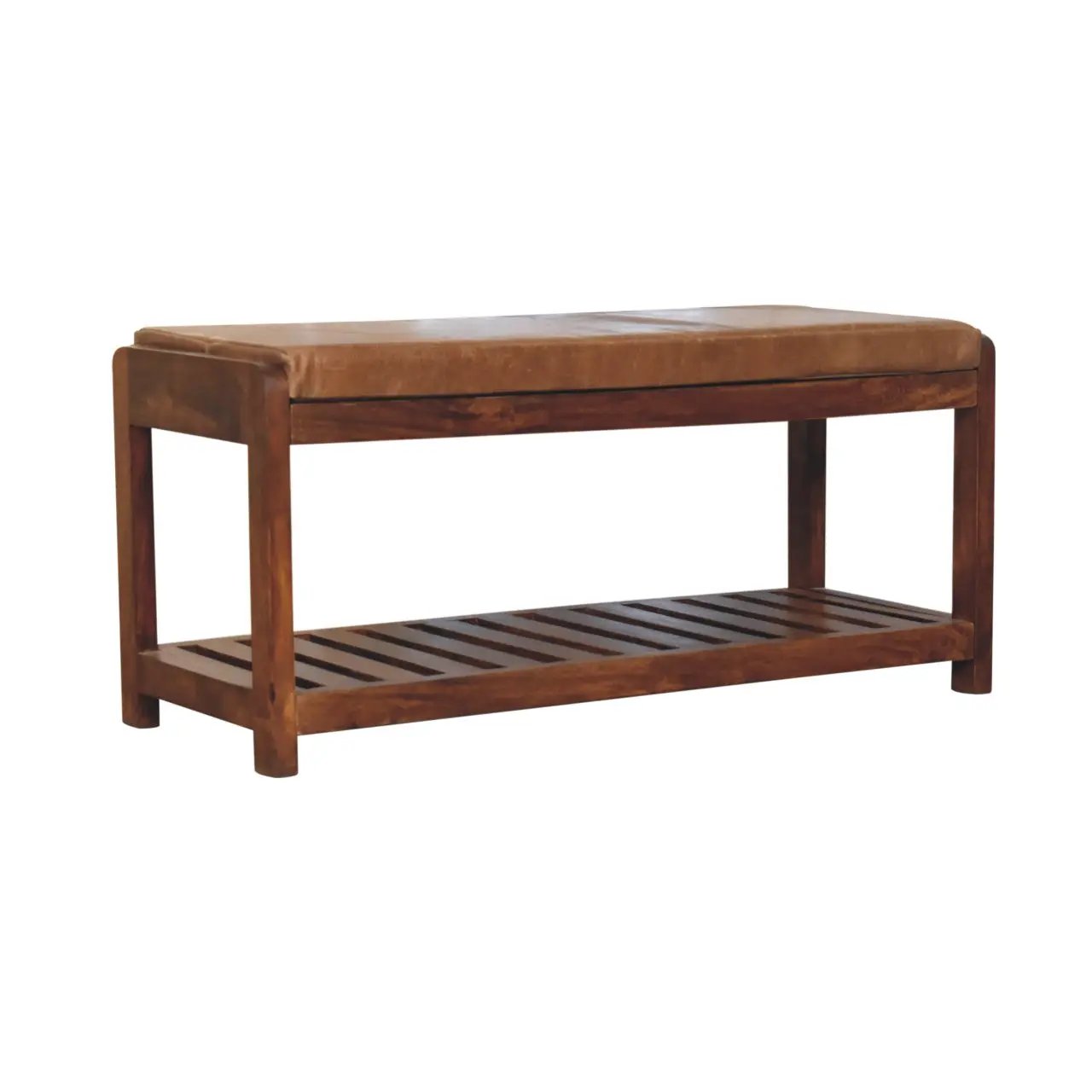 Solid Wood Small Buffalo Slatted Bench, Leather Upholstered, Open Storage by HouseOfZazla