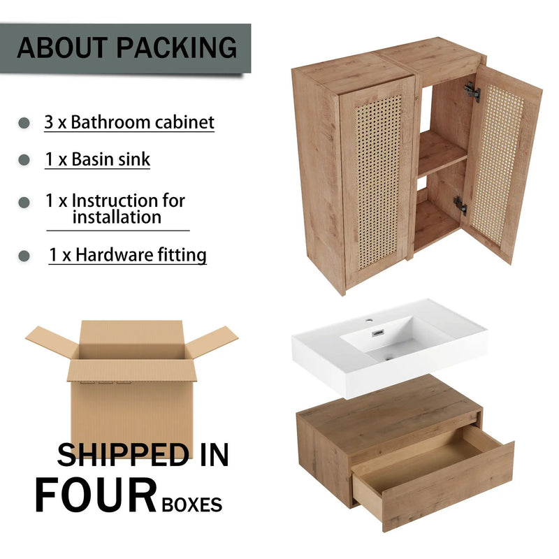 Modern Imitative Wall Mounted Bathroom Vanity With Resin Sink & 2 Side Cabinet, Soft Close Drawer - Imitative Oak by HouseOfZazla