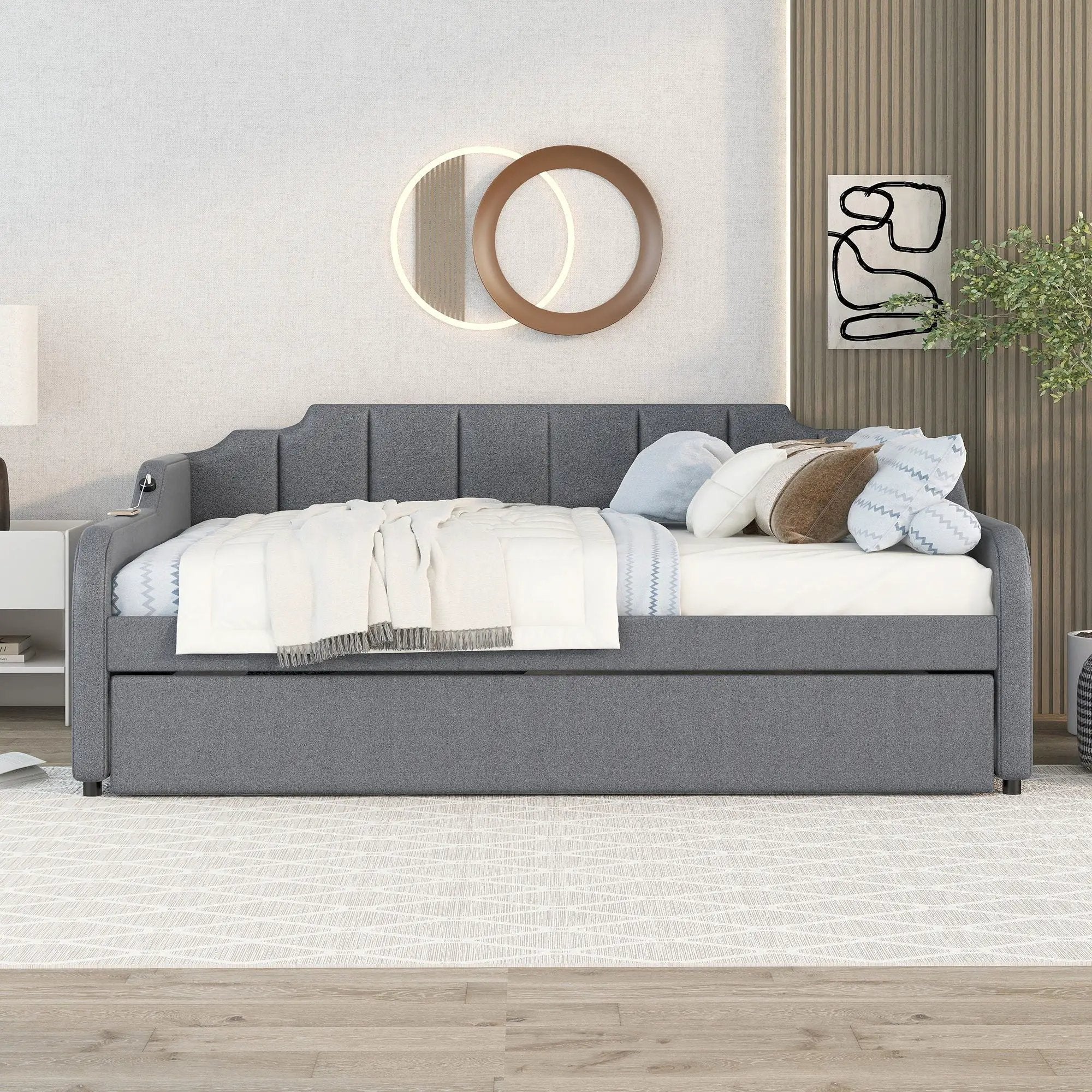 Full Size Upholstered Daybed With Trundle And USB Charging - Gray by Unique Piece Furniture