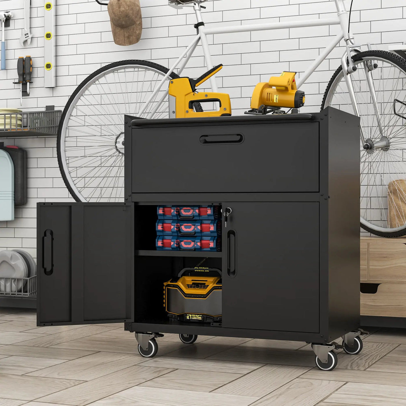 Sturdy And Durable Metal Tool Cabinet For Garage With Wheels Mobile Heavy Duty Storage Cabinet With 1 Drawer And 2 Locking Doors by HouseOfZazla