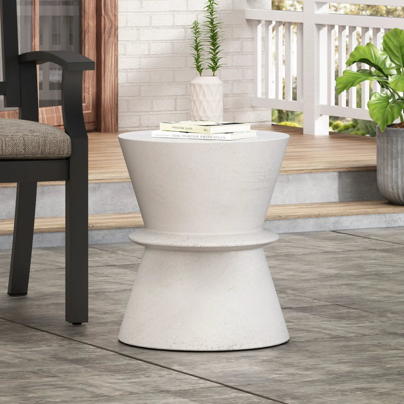 Outdoor Lightweight Concrete End Table With Hourglass Structure - Antique White by HouseOfZazla