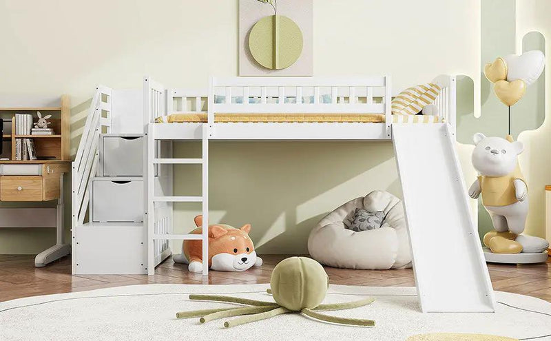 Loft Stairway Bed With 2 Drawers, Convertible Ladder And Slide by HouseOfZazla
