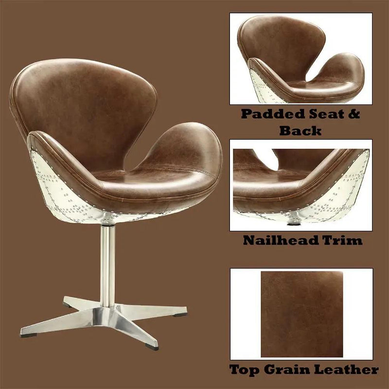 Brancaster - Accent Chair With Swivel - Retro Brown Top Grain Leather & Aluminum by Unique Piece Furniture