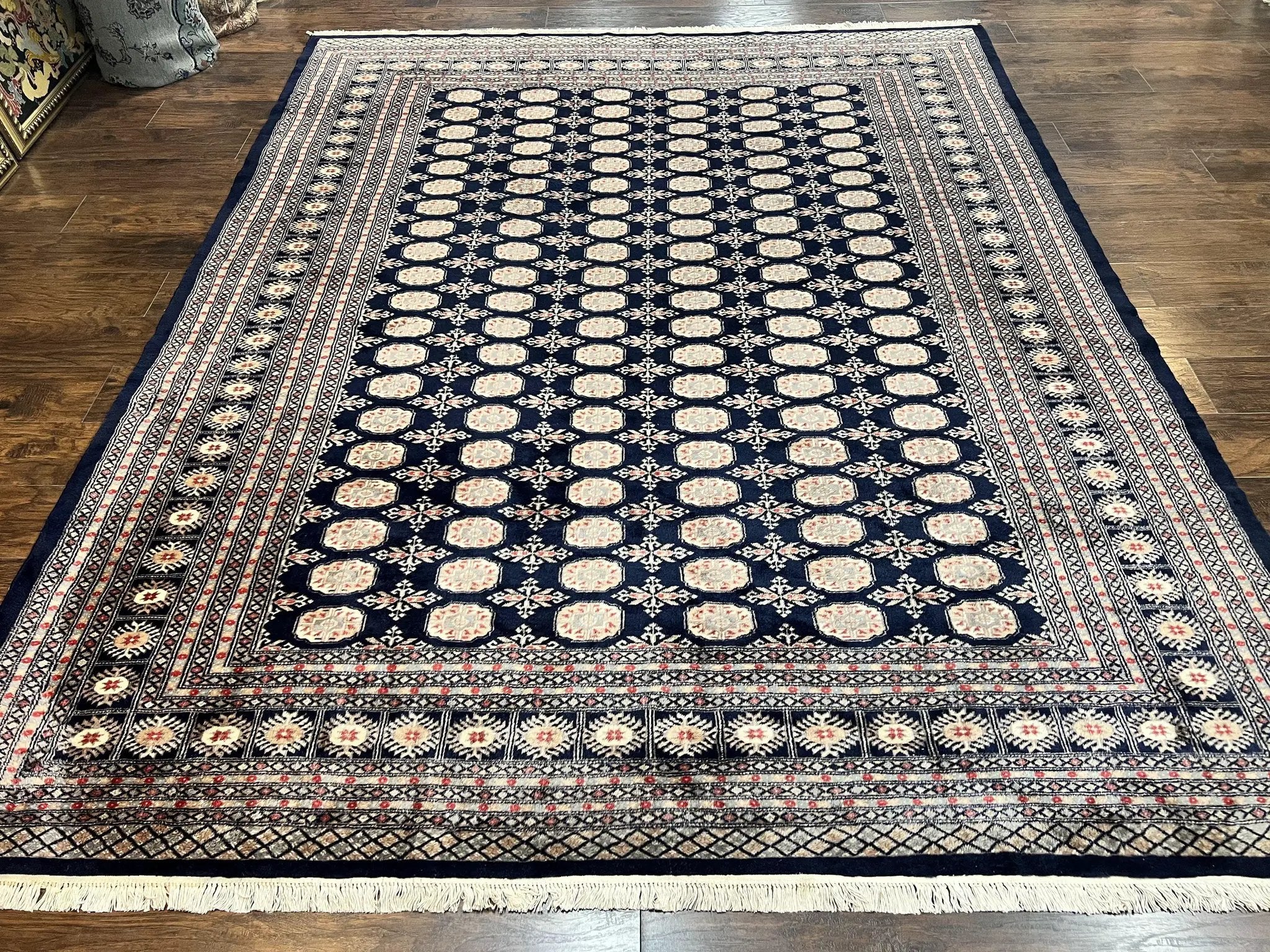Pakistani Bokhara Rug 8x10, Turkoman Carpet, Dark Blue and Beige, Vintage Handmade Wool Carpet by Jewel Rugs