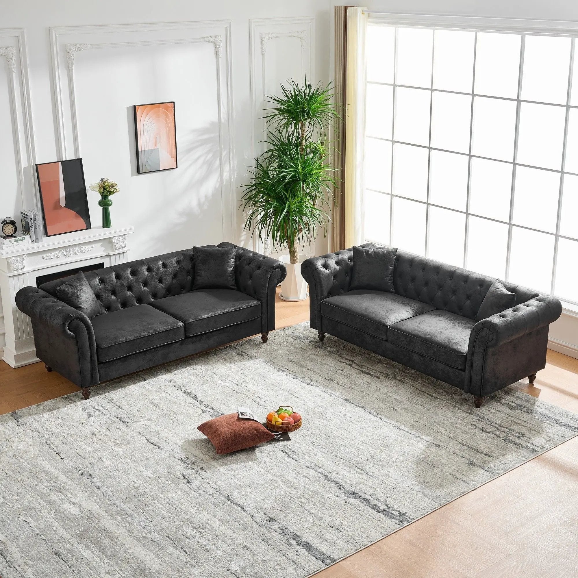 Chesterfield 3 And 3 Seater Sofa Set High Tech Fabric Roll Armrest Upholstered Couch by Unique Piece Furniture