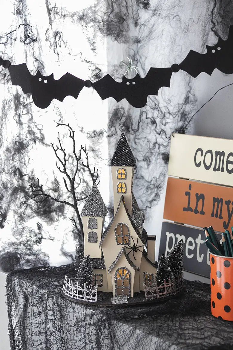 Cardboard Lighted Haunted House, Tabletop Holiday Halloween Decor, Battery Powered - Beige / Black by Unique Piece Furniture