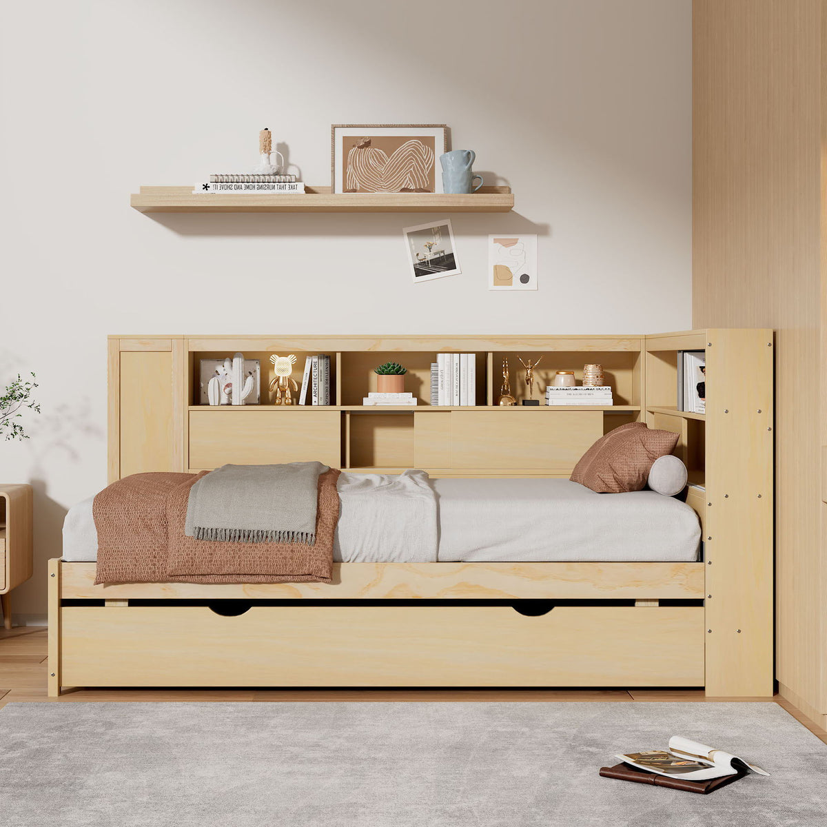 Daybed With Storage Shelves and USB Charging - Twin Size Trundle Bed - White or Light Brown, photo 3 of 26