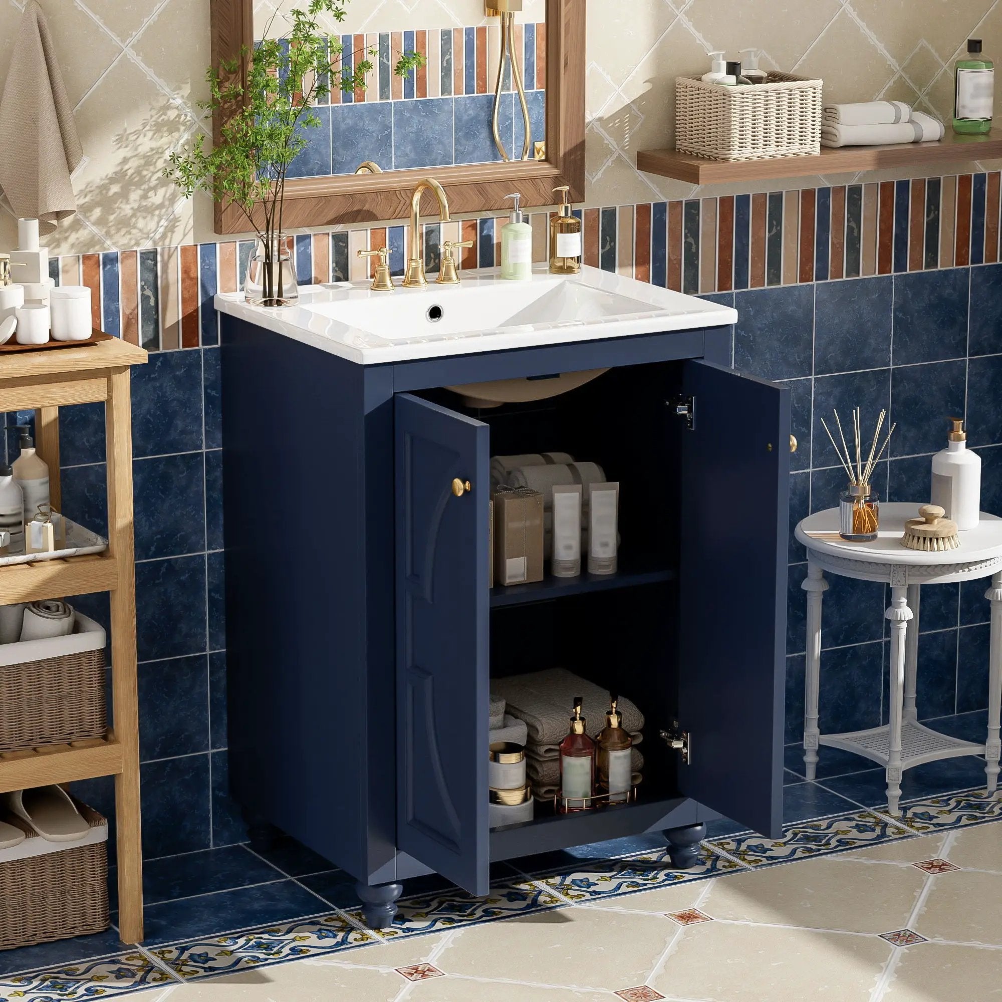 Bathroom Vanity With Ornate Elliptical Motif, Soft Close Hinges