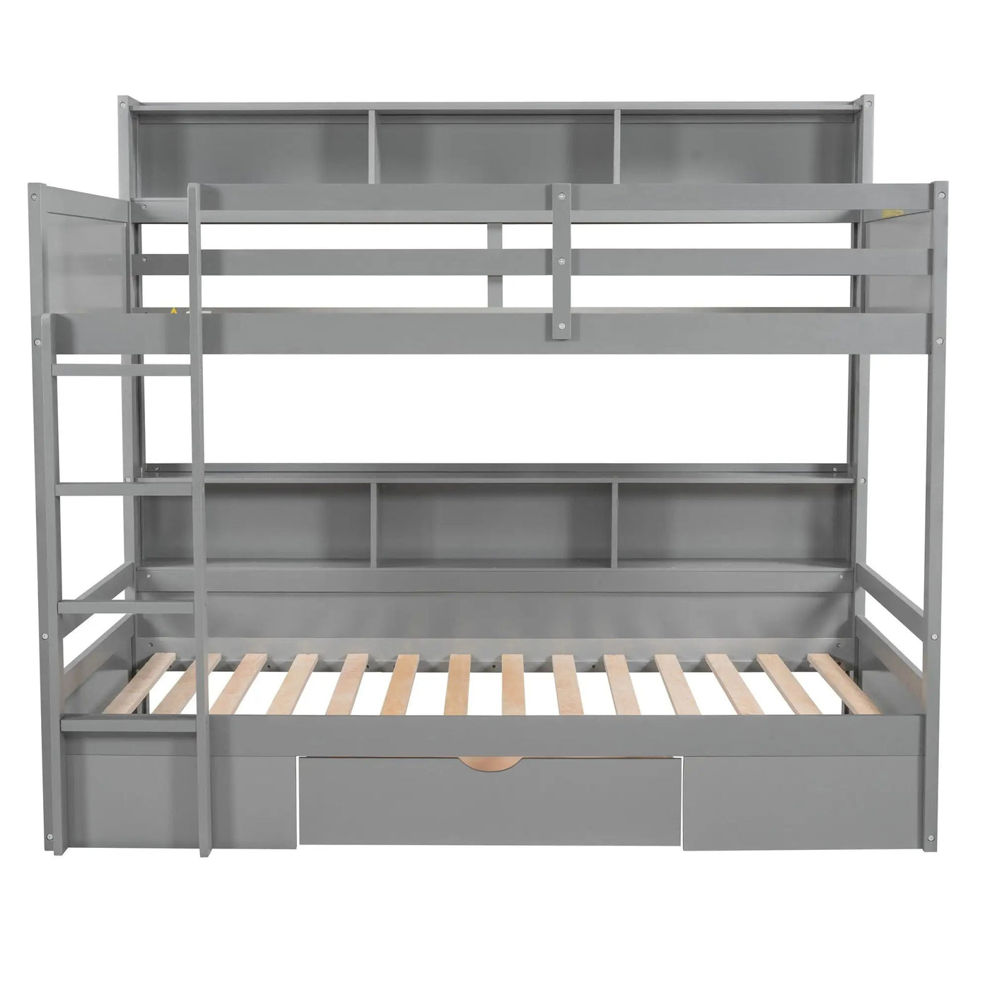 Twin Size Bunk Bed With Built-In Shelves Beside Both Upper And Down Bed And Storage Drawer by HouseOfZazla