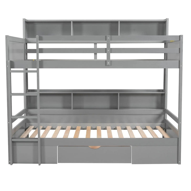 Twin Size Bunk Bed With Built-In Shelves Beside Both Upper And Down Bed And Storage Drawer by HouseOfZazla