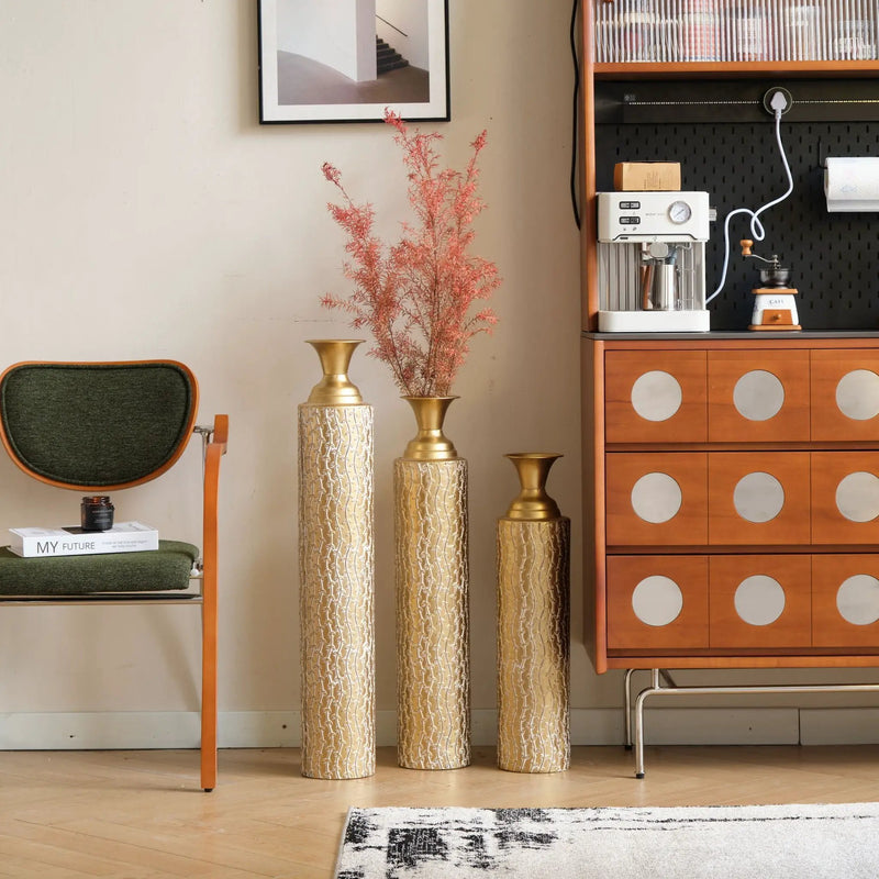 Metal Decorative Vases High Distress Metal Center Vases With Growing Vine Patterns, (Set of 3) Vases For Home Decoration - Gold by HouseOfZazla