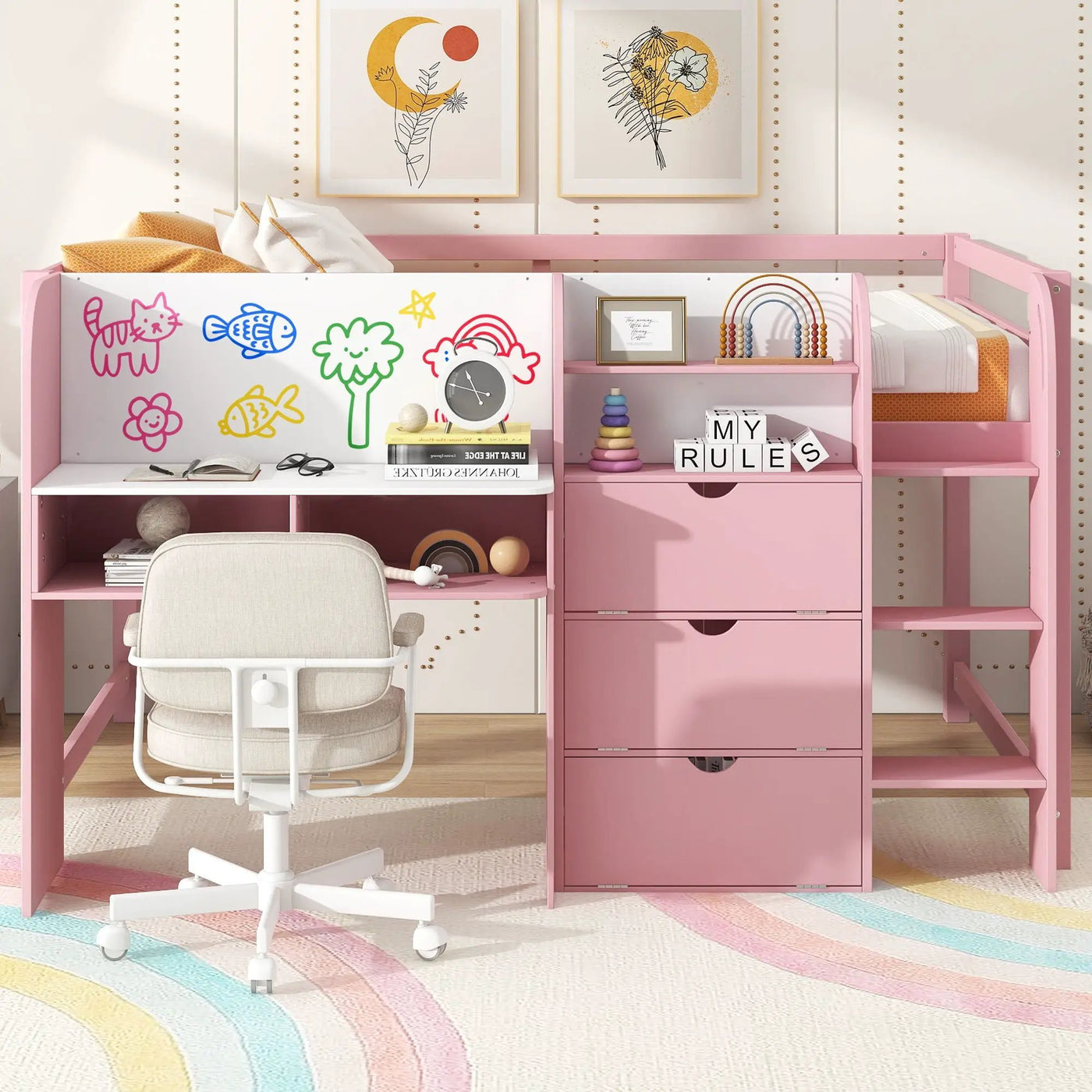 Low Loft Bed With Built In Desk, Storage Cabinets, Open Bookcase And Doodle board by HouseOfZazla