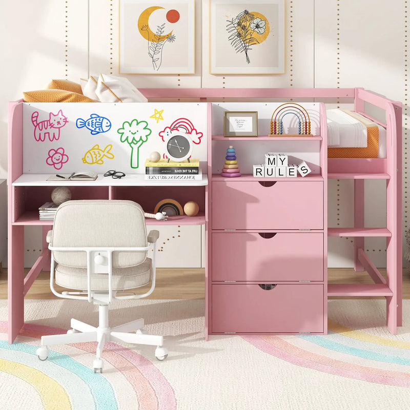 Low Loft Bed With Built In Desk, Storage Cabinets, Open Bookcase And Doodle board by Unique Piece Furniture