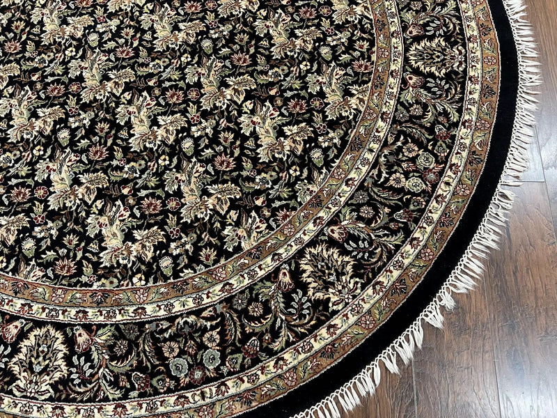 Round Oriental Rug 8x8 ft, William Morris Floral Pattern Carpet, 8 x 8 ft Round Rug, Black Cream and Tan 8ft Round Handmade Indo Persian Rug by Jewel Rugs