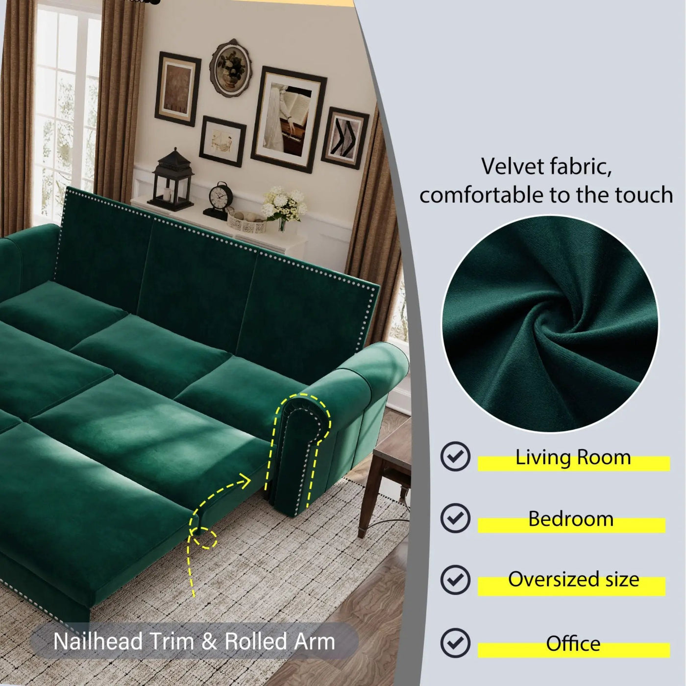 3 In 1 Convertible Sleeper Sofa With Nailhead Trim & Rolled Arm by HouseOfZazla