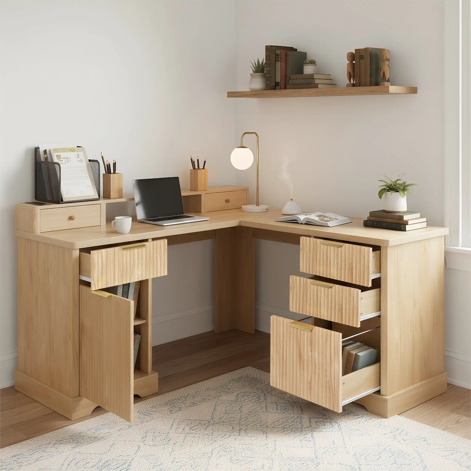 59" Modern Fluted L-Shaped Desk with Charging Station & Storage by HouseOfZazla