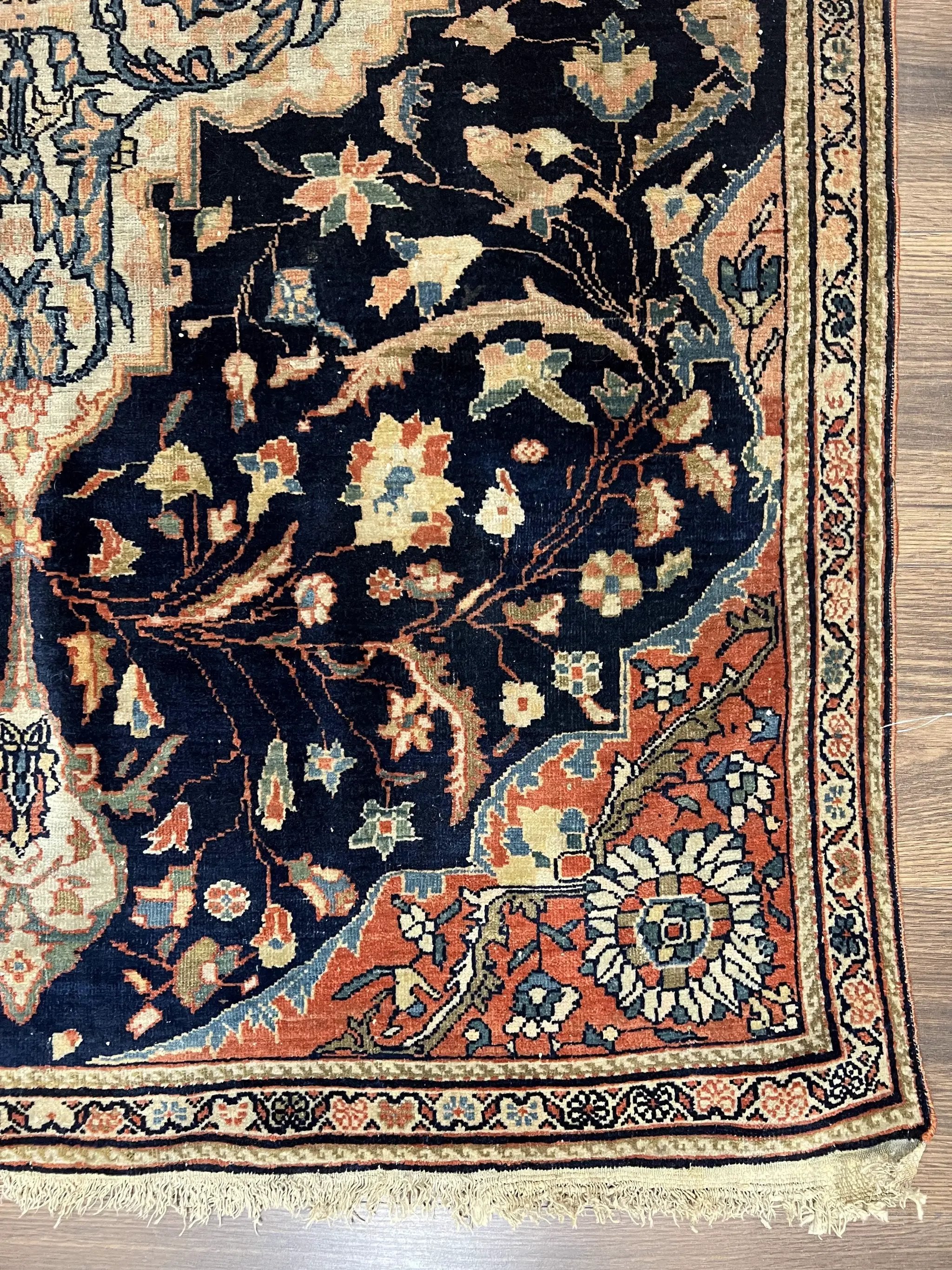 Antique Persian Rug 3.5 x 5, Sarouk Farahan Rug, High Quality 1920s Fine Oriental Carpet 3 x 5 ft, Large Medallion, Floral, Navy Blue Red, Hand Knotted Wool Rug by Jewel Rugs
