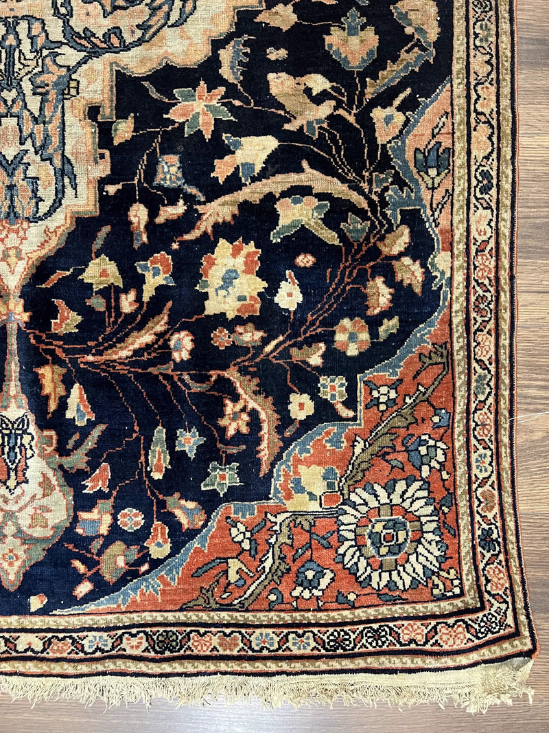 Antique Persian Rug 3.5 x 5, Sarouk Farahan Rug, High Quality 1920s Fine Oriental Carpet 3 x 5 ft, Large Medallion, Floral, Navy Blue Red, Hand Knotted Wool Rug by Jewel Rugs