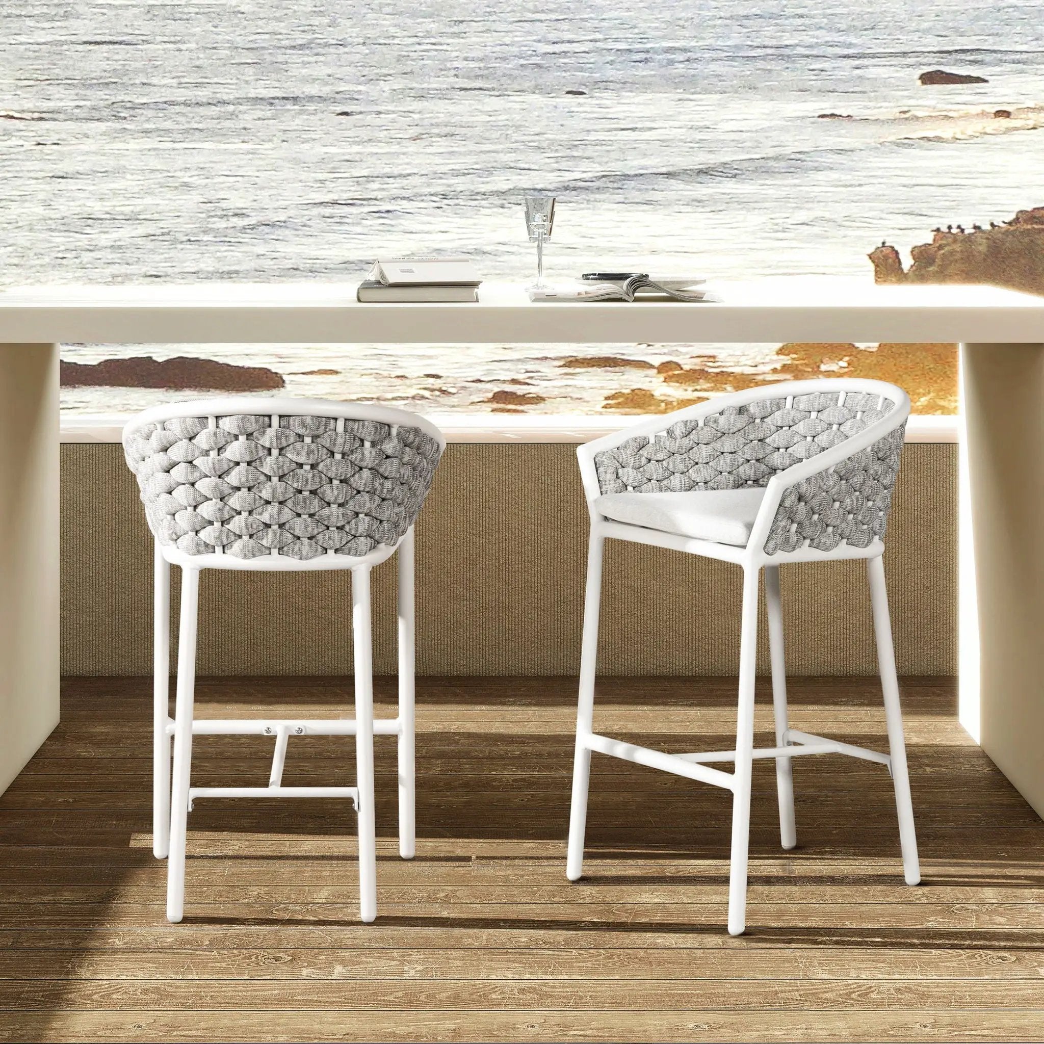 Rowan - Rope Barrel Low Back Patio Counter Stool (Set of 2) - Optic White by HouseOfZazla