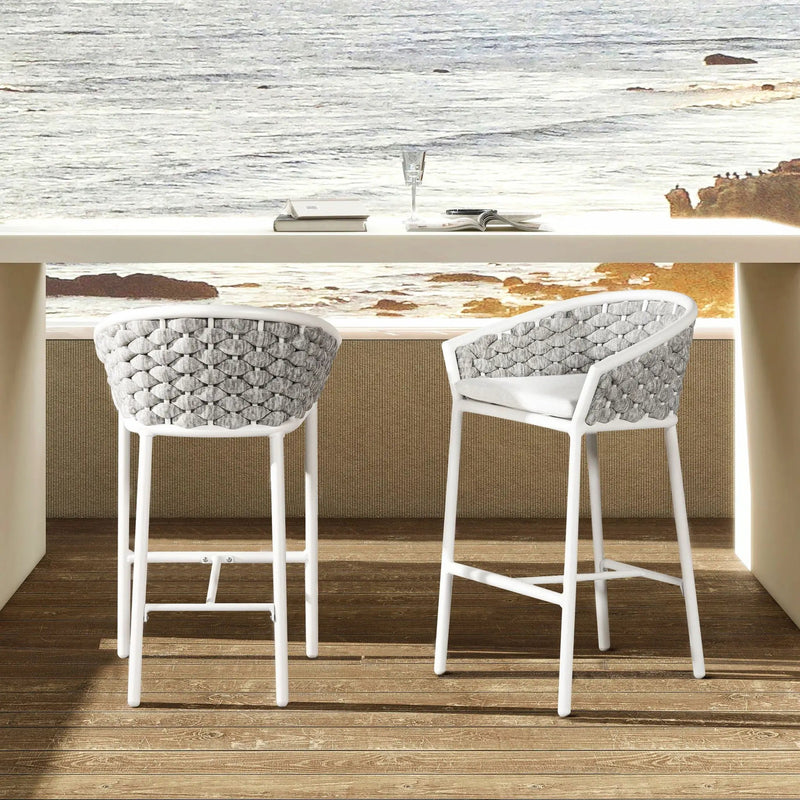 Rowan - Rope Barrel Low Back Patio Counter Stool (Set of 2) - Optic White by HouseOfZazla