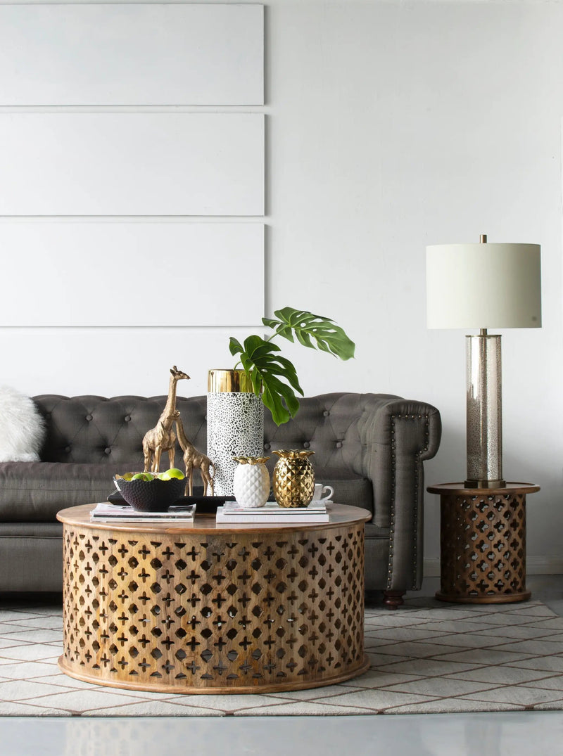 16x16x35 Gold Mirrored Glass Table Lamp with White Fabric Shade by HouseOfZazla