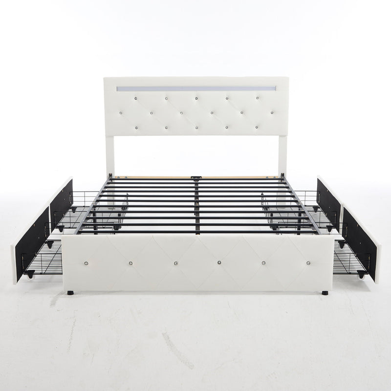 Upholstered Bed Frame With LED Lights, 4 Storage Drawers, Charging Station by HouseOfZazla