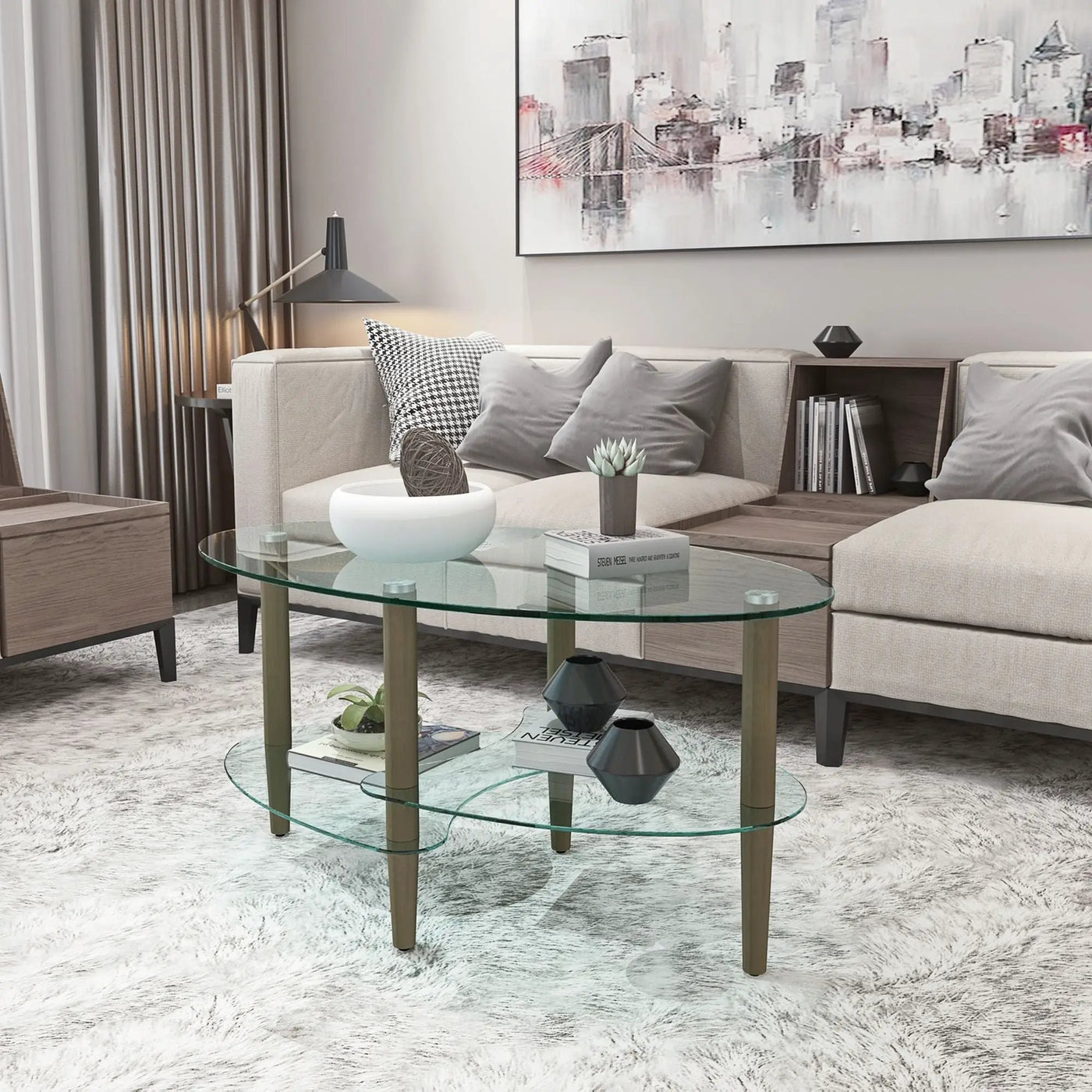 Transparent Oval Glass Coffee Table, Modern Table In Living Room Oak Wood Leg Tea Table 3-Layer Glass Table by HouseOfZazla