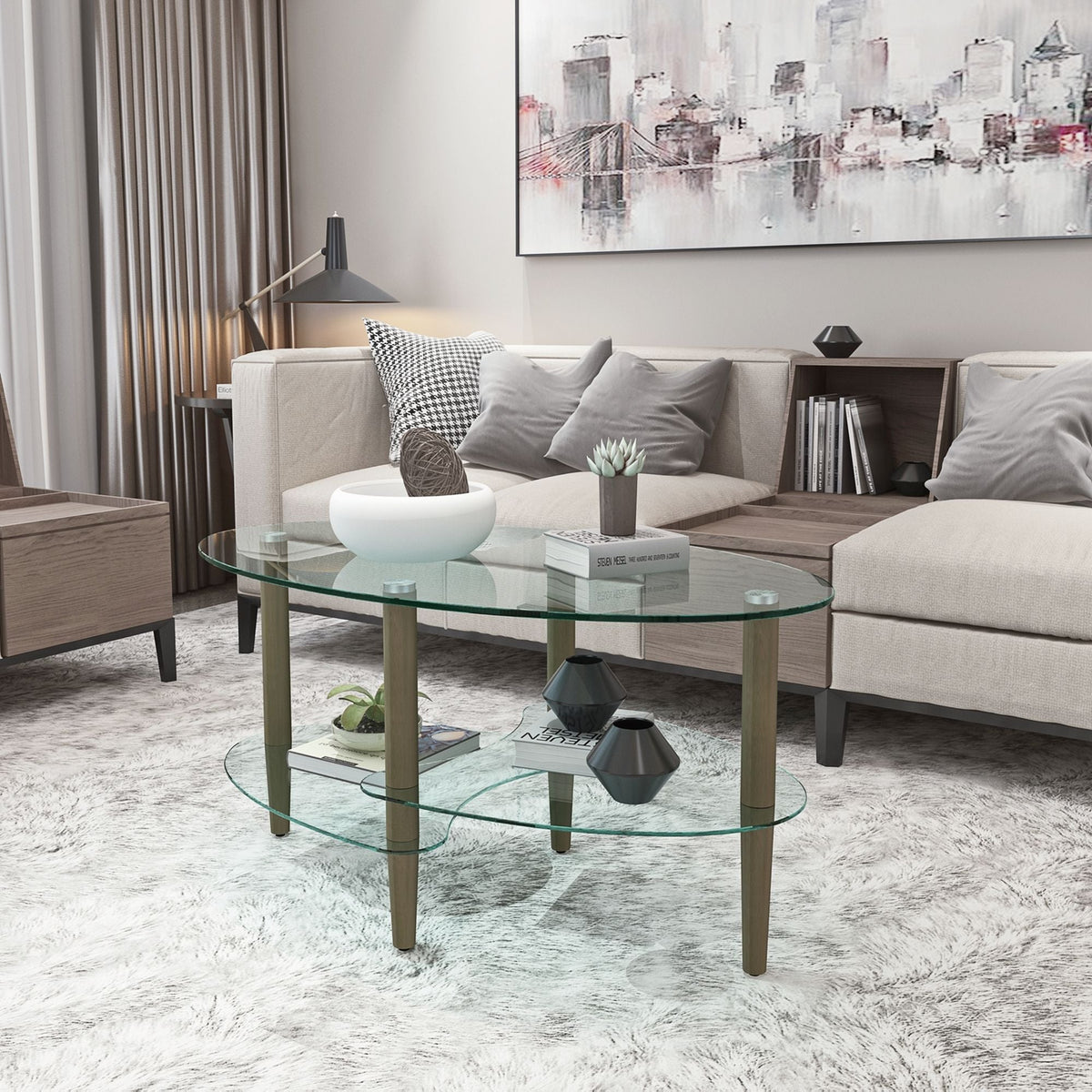 Transparent Oval Glass Coffee Table with 3-Layer Tempered Glass - White or Light Brown, photo 4 of 24