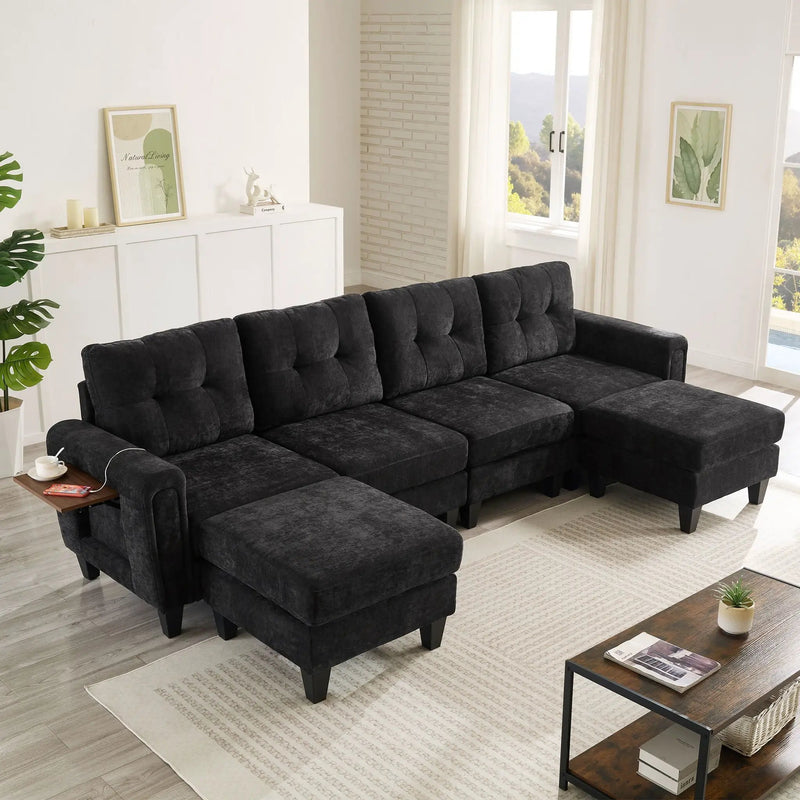 Modular Sectional Sofa With Movable Ottomans, USB Ports & Side Tables by Unique Piece Furniture