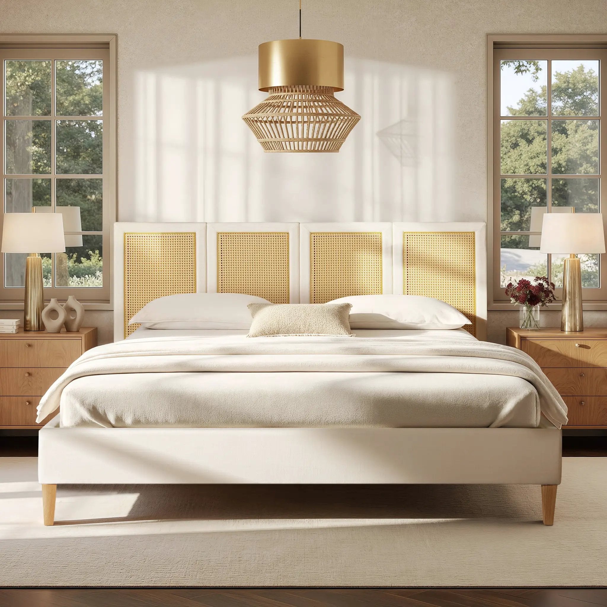 Toscana King Upholstered Cane Back Platform Bed, Antique by HouseOfZazla