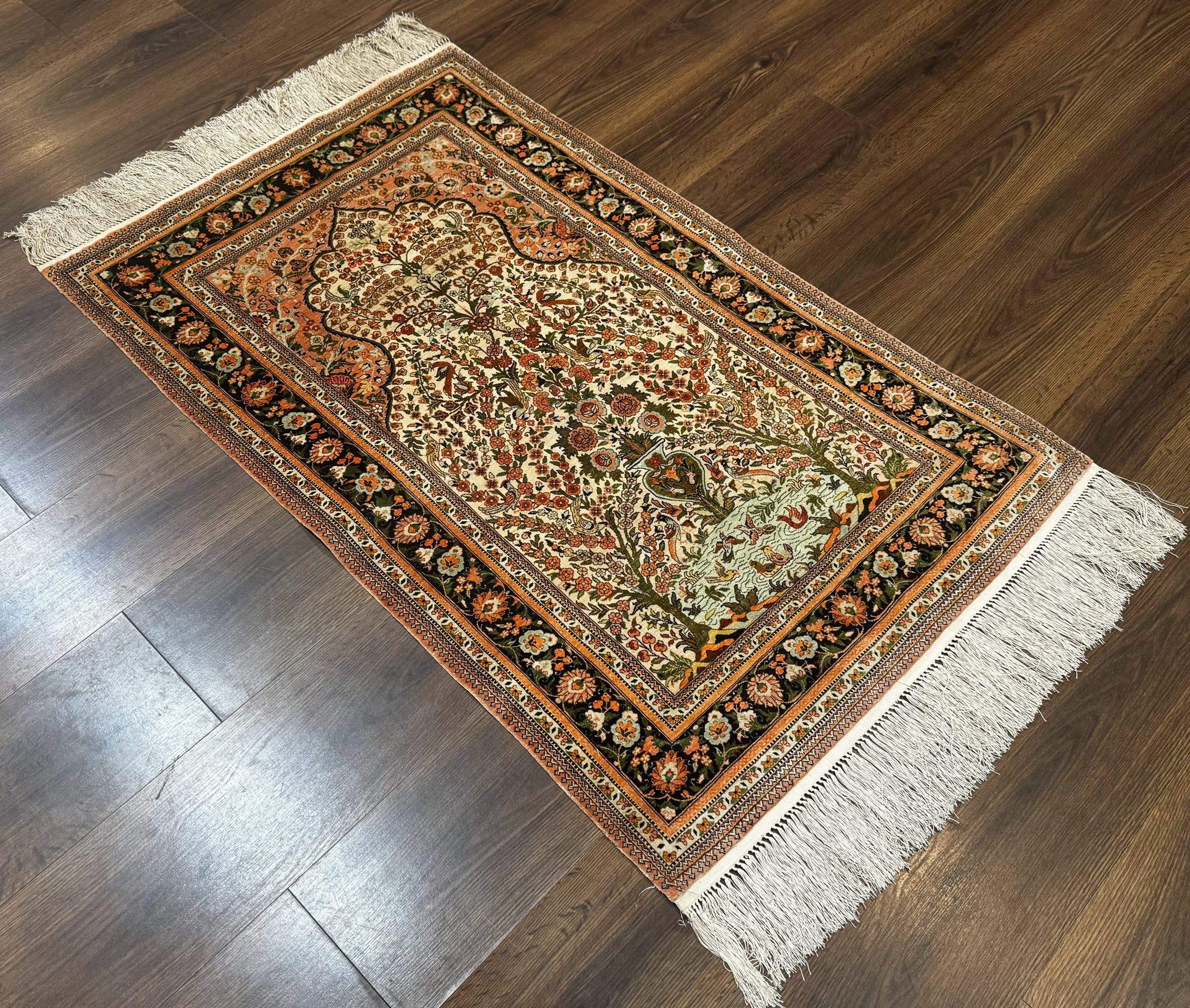 Exceptional Silk Rug 2.6 x 4, Very Fine 630 KPSI, Persian Vase Tree of Life Bird Pictorials, Handmade by Jewel Rugs