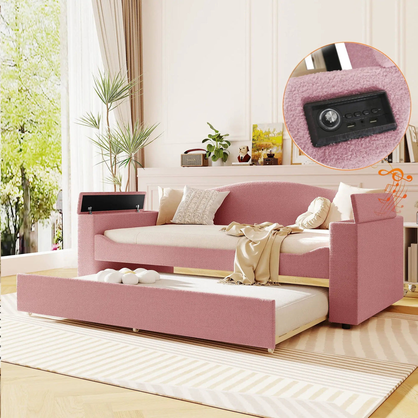 Upholstered Daybed With Storage Armrests, Trundle And Latest Integrated tooth Audio System by HouseOfZazla