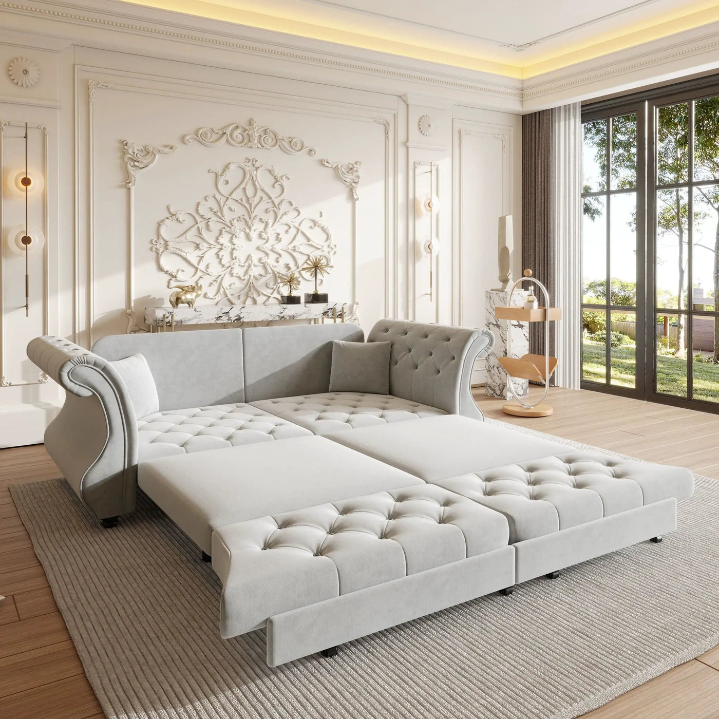 Oversized Chesterfield Pull Out Sofa Bed, Roll Arm Couch With Flower Tufting For Living Room by HouseOfZazla