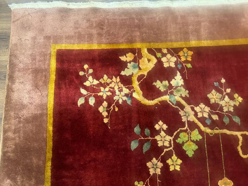 Red Chinese Art Deco Rug 9x11, Simple Design, Wool Chinese Area Rug, Antique by Jewel Rugs
