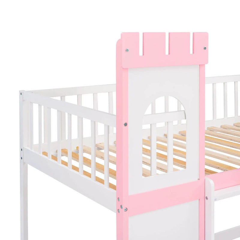 Twin Over Twin Castle Bunk Bed With Ladder - Pink by HouseOfZazla