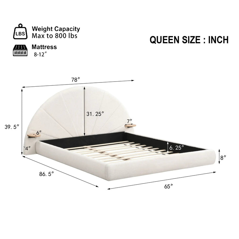 Queen Arched Bed With Small Table, Floor Standing Design - Beige by HouseOfZazla