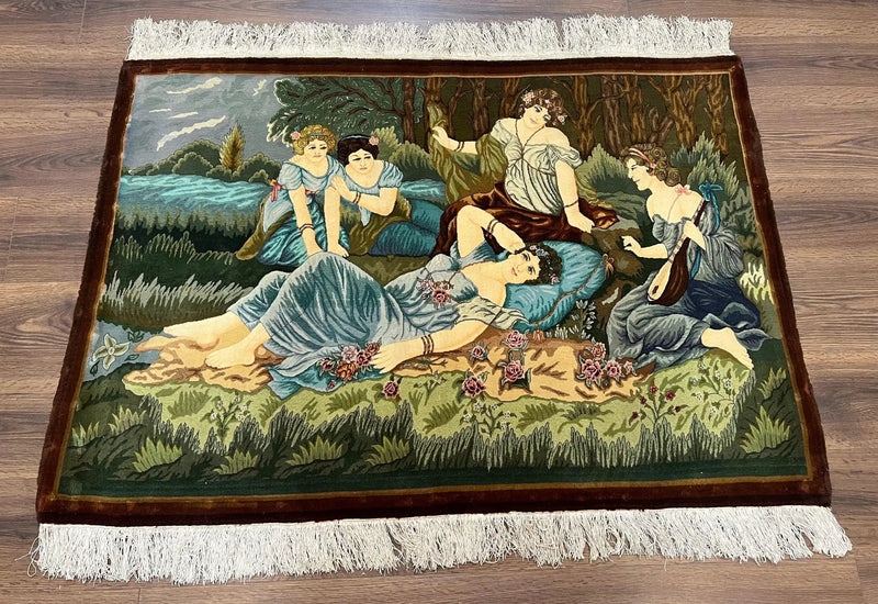 Persian Tabriz Pictorial Rug 5x3, Women Laying By River, Super Fine 60 Raj 480+ KPSI, Hand Knotted Wool Rug, Semi Antique Vintage Oriental Carpet by Jewel Rugs
