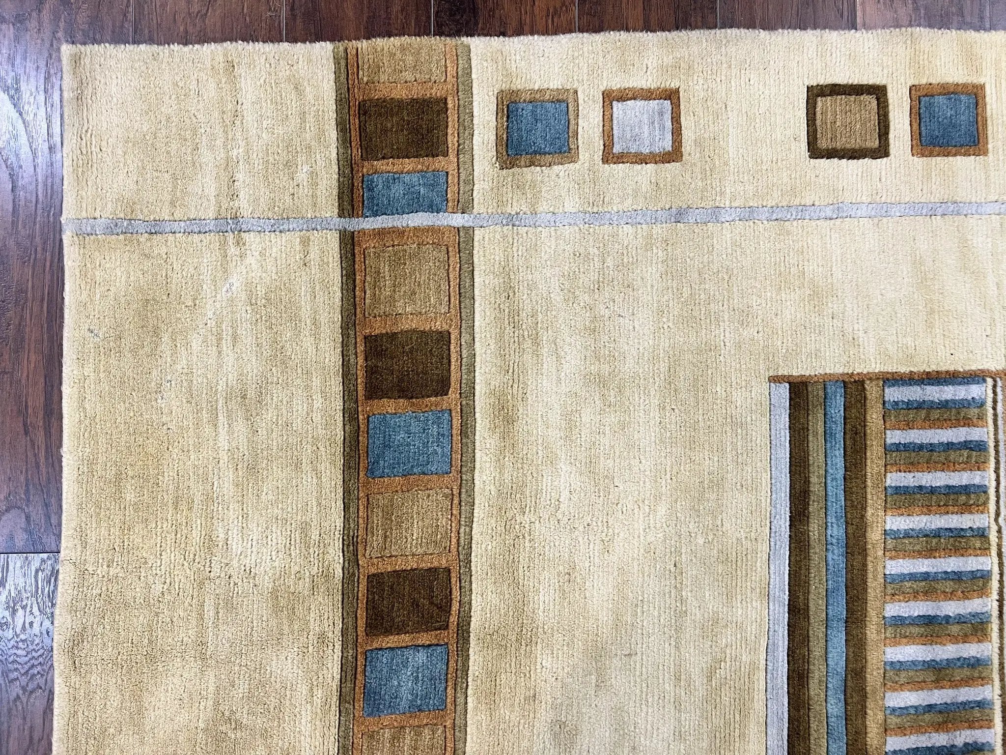 Tibetan Rug 5x8, Contemporary Rug 5 x 8 ft, Cream Brown Blue Hand-Knotted Wool w/ Silk Highlights Tibetan Carpet, Modern Rug by Jewel Rugs