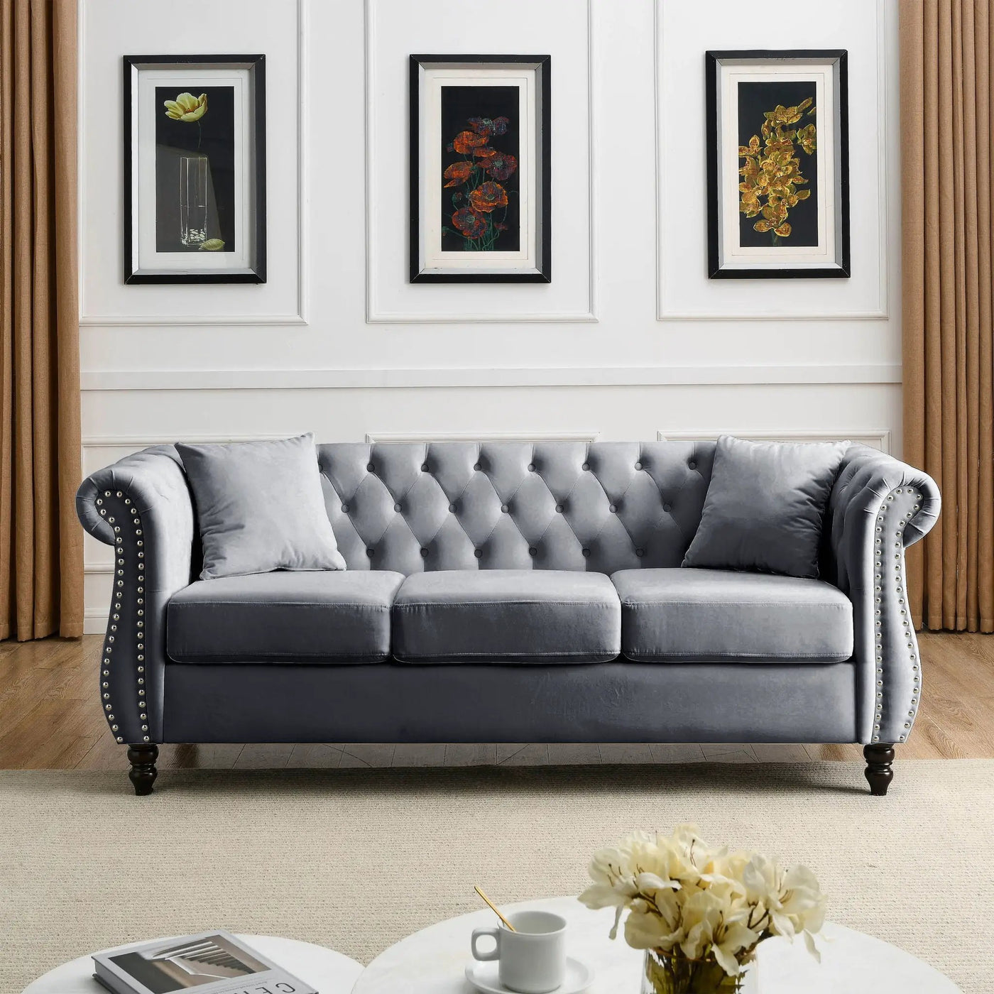 Chesterfield Sofa With Rolled Arms And Nailhead Trim by HouseOfZazla