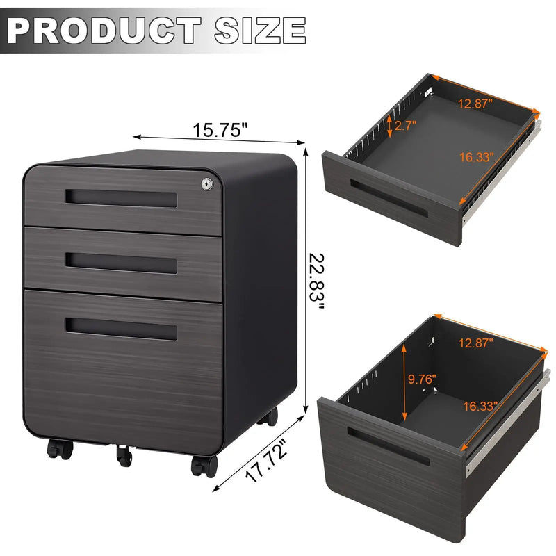 3 Drawer Mobile File Cabinet Under Desk Office, Simple Style Versatile Storage Cabinet For Legal / Letter / A4 Files, 5 Wheel Design Anti-Tilting Cold Rolled Steel Waterproof Moisture-Proof by HouseOfZazla