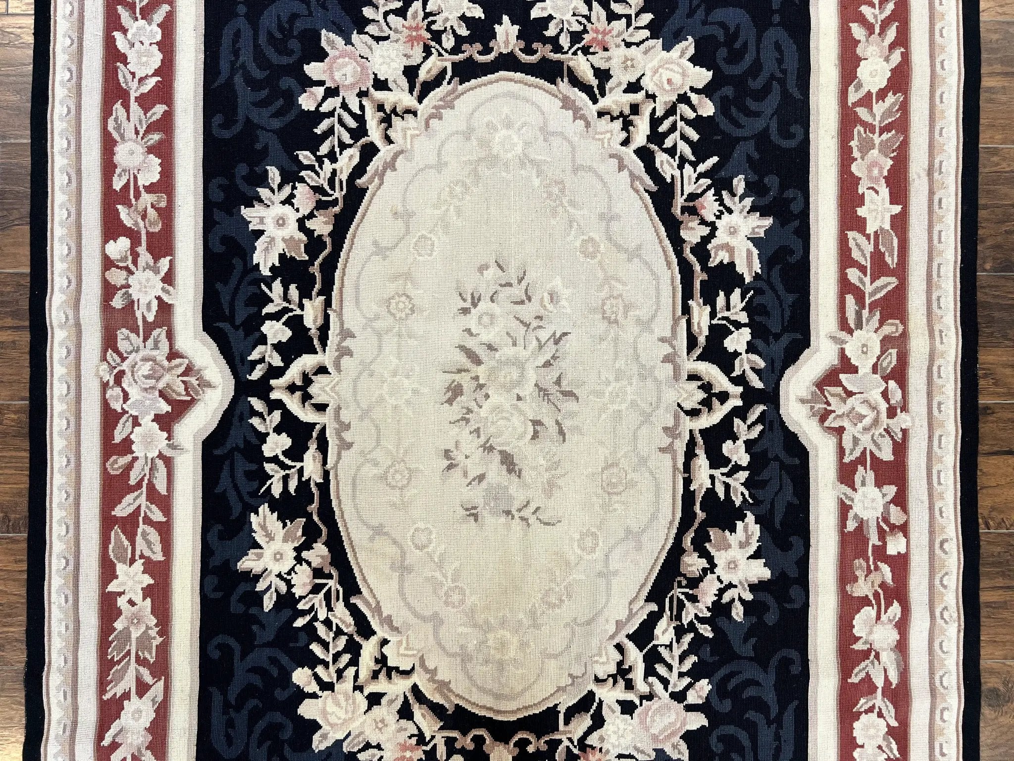 Needlepoint Rug 5x8, Wool Handmade Vintage European Design Carpet, Black & Maroon, French Aubusson Pattern Flatweave Rug by Jewel Rugs