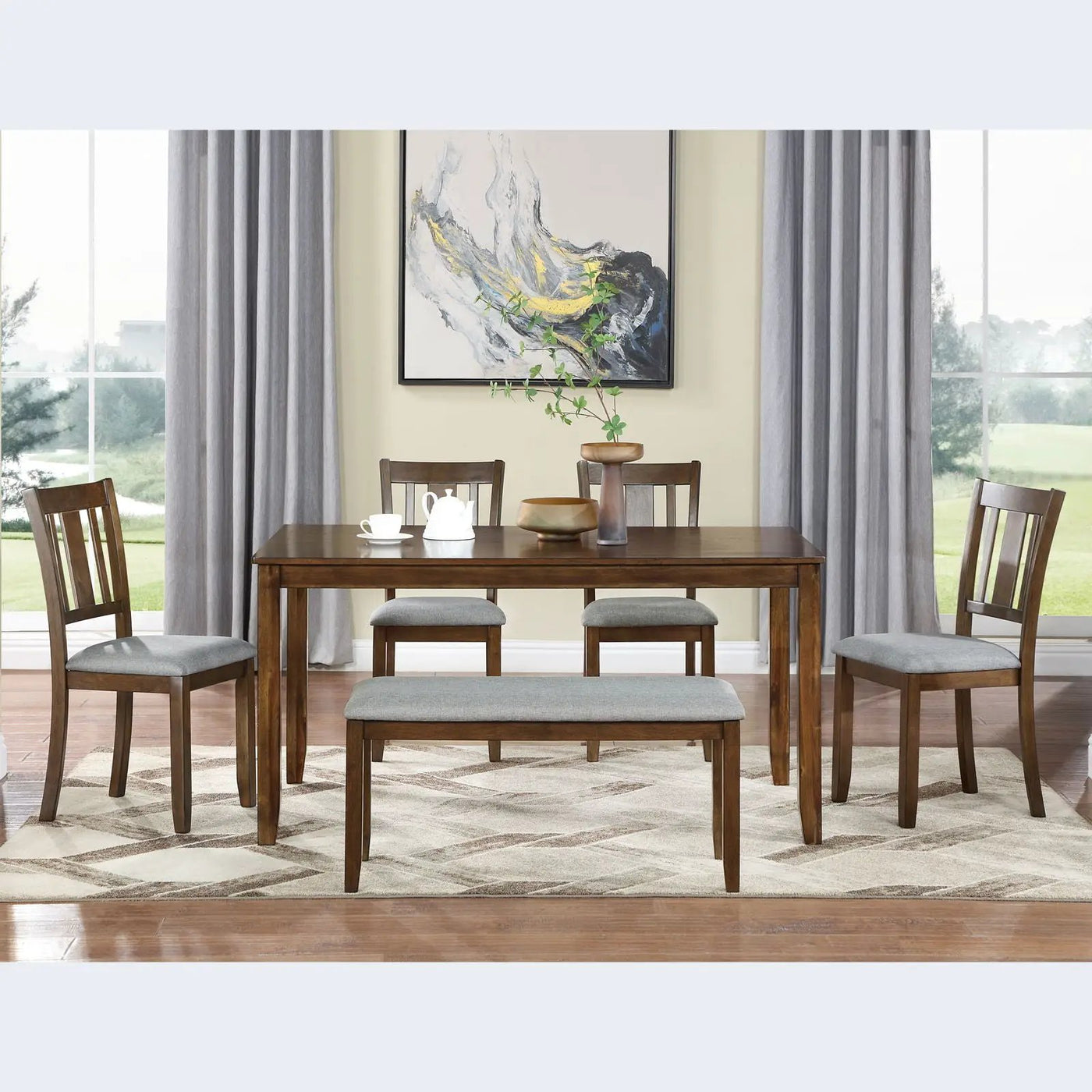 6 Pieces Kitchen Dining Set, Rectangular Wooden Dining Table With 4 Upholstered Chairs And A Bench by HouseOfZazla