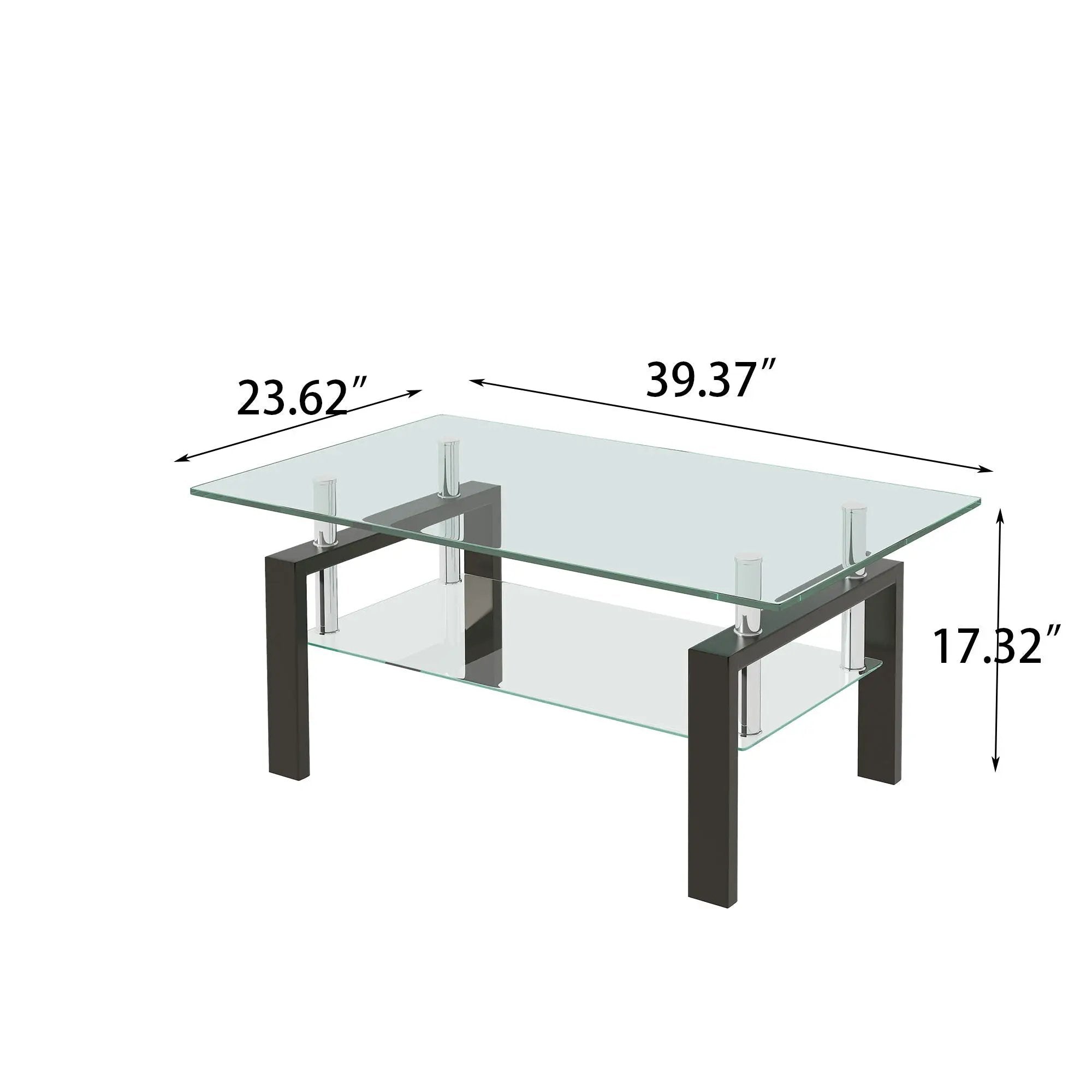 Tempered Clear Glass Coffee Table, 2-Layers Coffee Table Living Room Center Table - Black by Unique Piece Furniture
