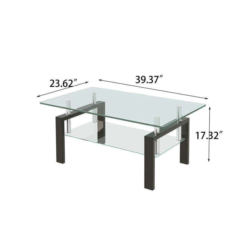 Tempered Clear Glass Coffee Table, 2-Layers Coffee Table Living Room Center Table - Black by HouseOfZazla