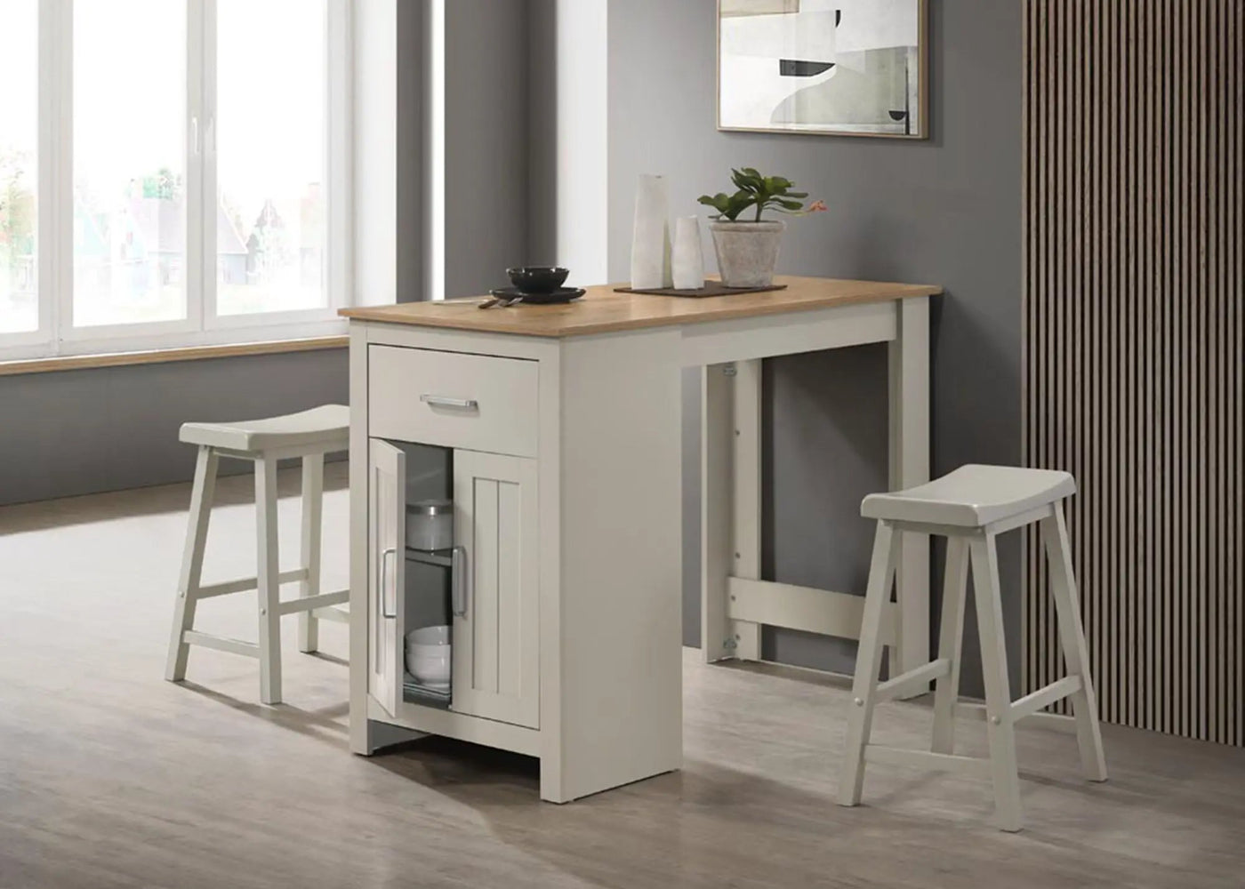 Alonzo - Small Space Counter Height Dining Table With Cabinet, Drawer, And 2 Ergonomic Counter Stools (Set of 3) by HouseOfZazla