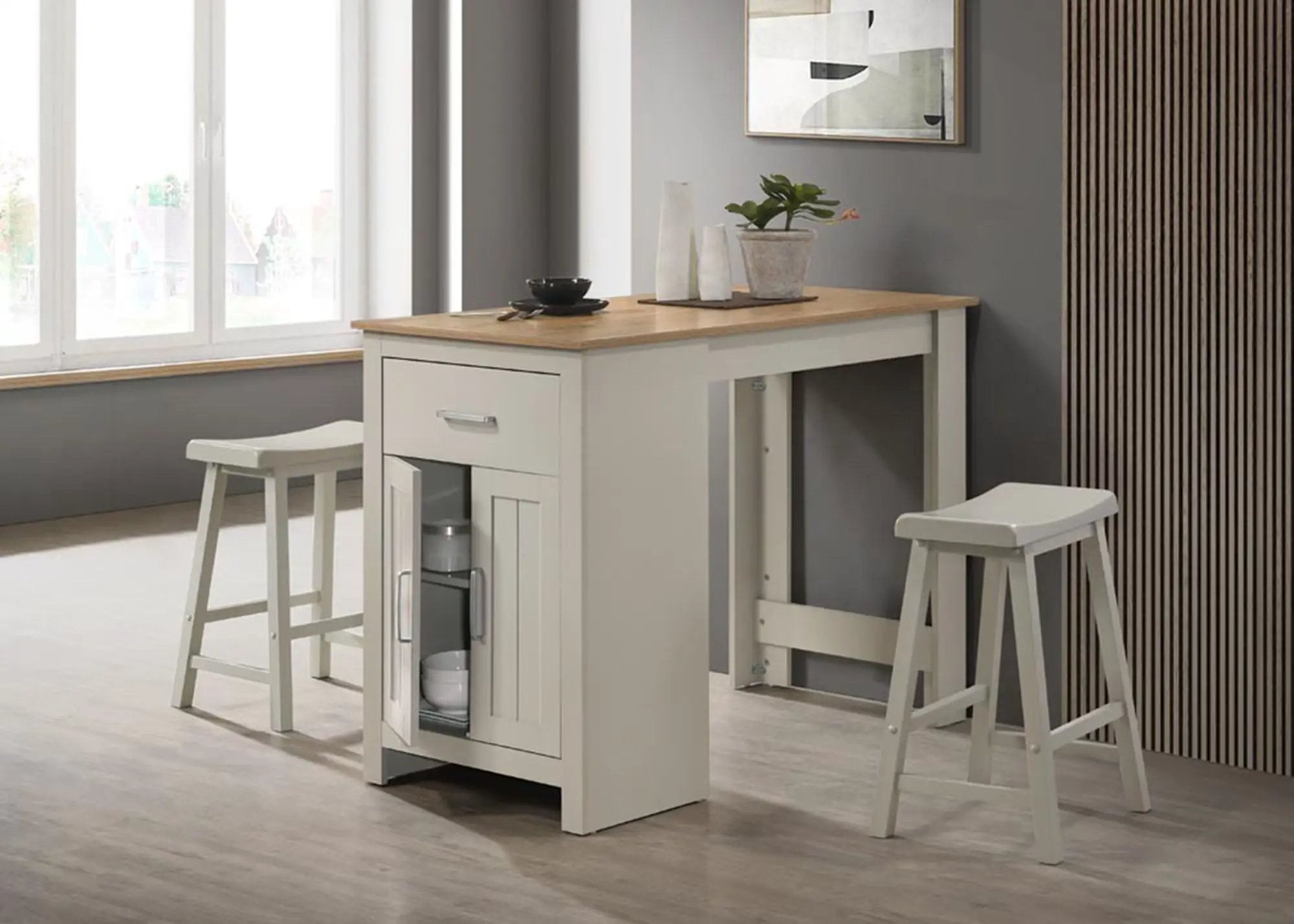 Alonzo - Small Space Counter Height Dining Table With Cabinet, Drawer, And 2 Ergonomic Counter Stools (Set of 3) by HouseOfZazla