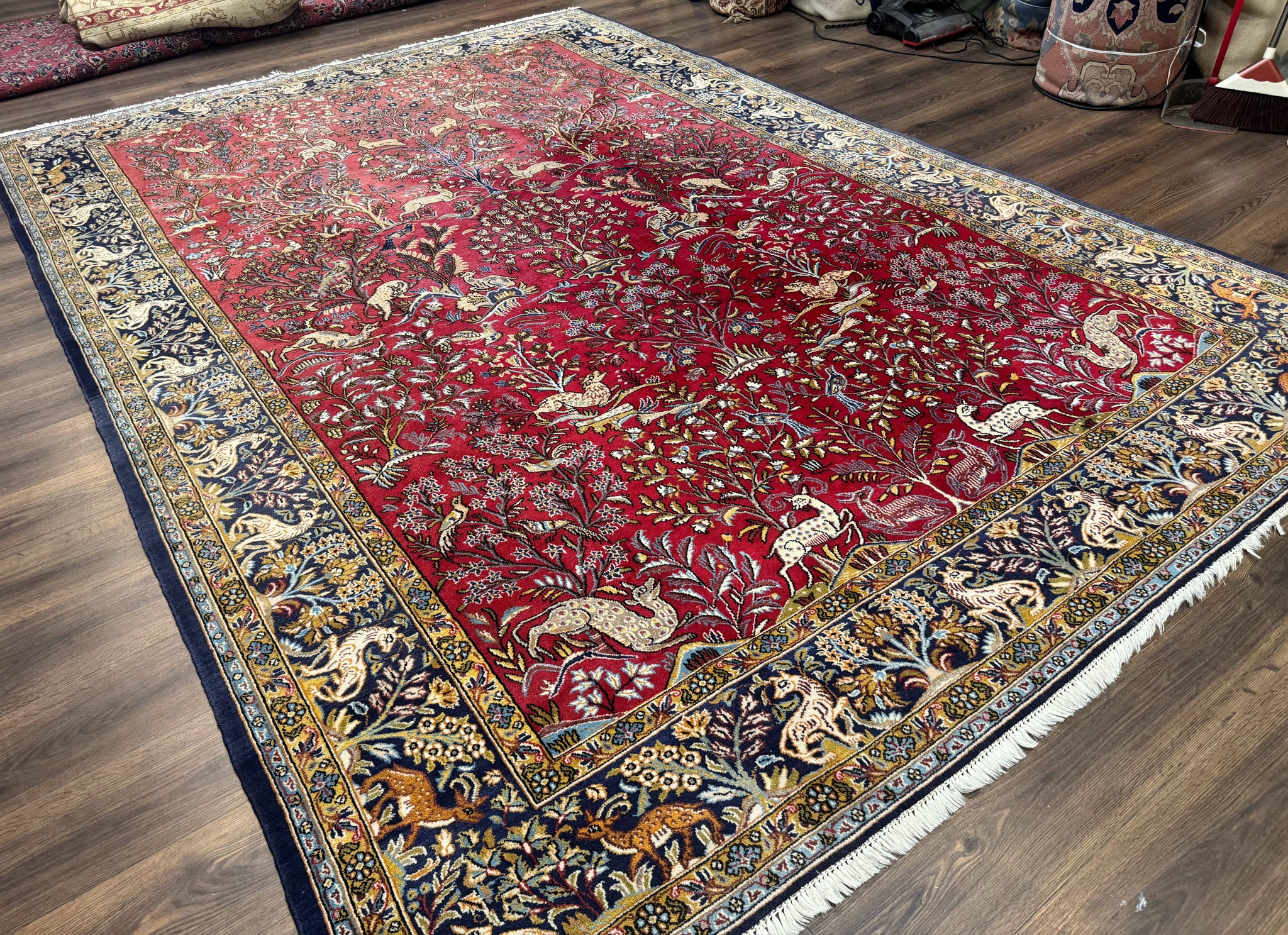 Persian Qum Rug 9x12, Animal Pictorials, Deer Birds, Tree of Life, Red and Navy Blue by Jewel Rugs